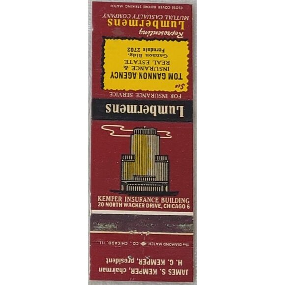 Vintage Matchbook Cover Lumbermens Kemper Insurance Building Chicago IL Illinois - Picture 1 of 4